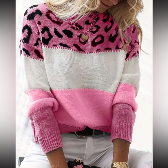 Comfy Leopard color Block Stripe Pattern Long Sleeve Knit Sweater Top - Picture 2 of 10